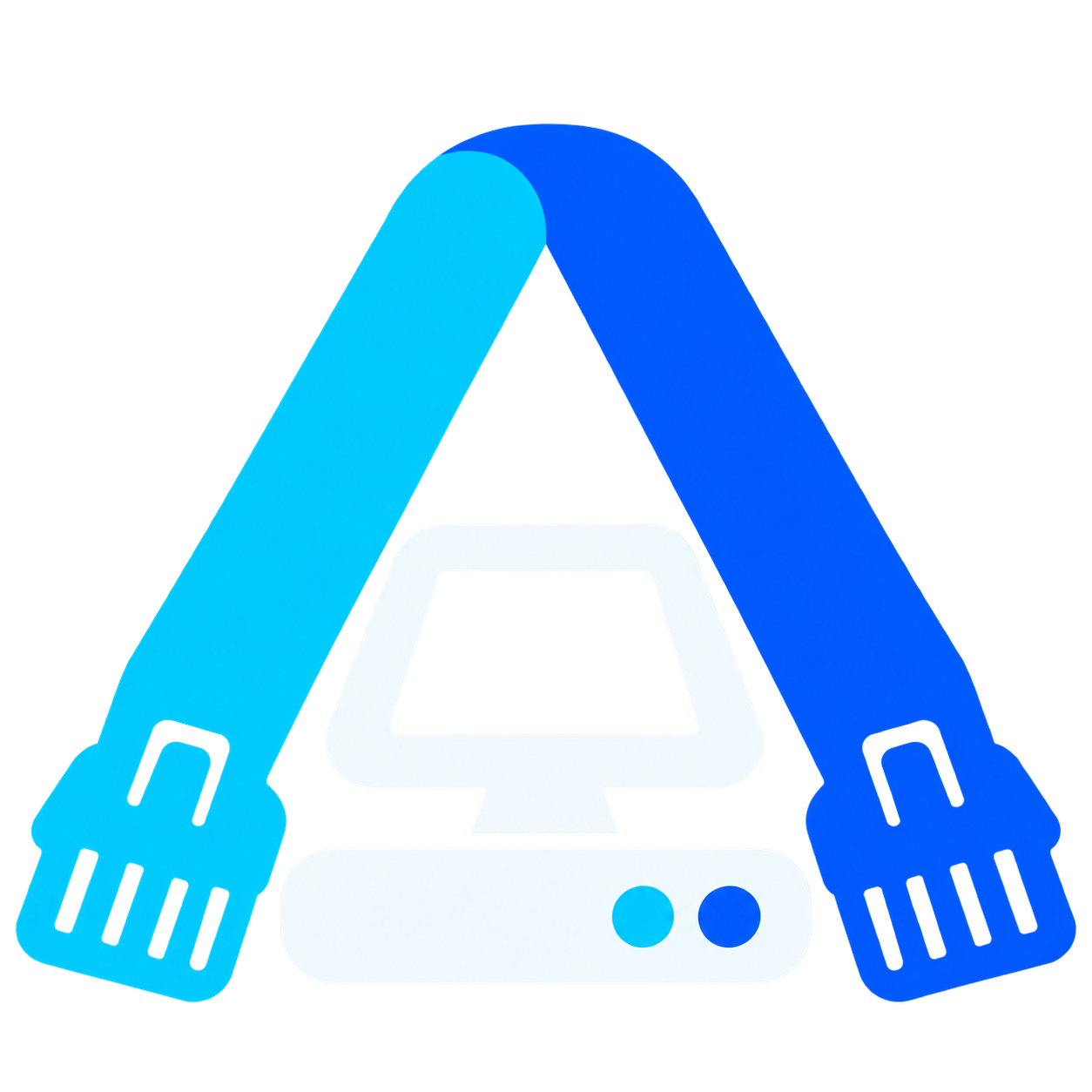 Logo Anderlini.com: lettera A con cavi Ethernet, computer e router chiari